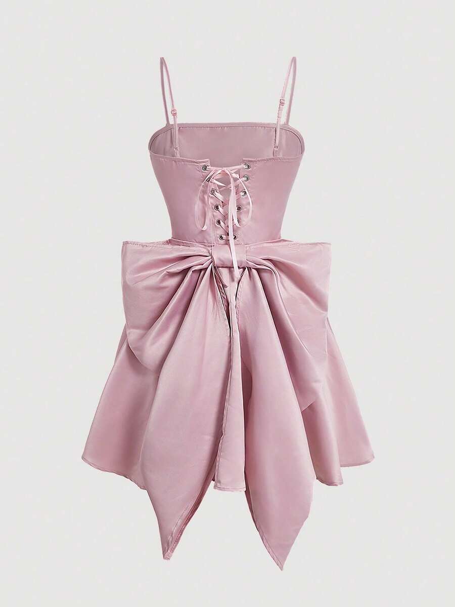 MOD Women's Solid Color Dress With Thin Straps And Large Decorative Bow On The Back - 羅莎 - 查看 1