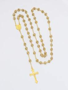 1pc Gold-Colored Beaded Rhinestone Cross Necklace, Versatile Hot-Selling High-End Women's Necklace, Gift For Family And Friends - Yellow Gold - View 4