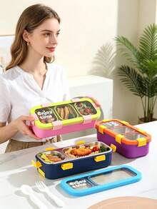 Kotak Bekal Bento Minimalis dari Baja Tahan Karat 304 dengan Kompartemen, Garpu dan Sendok, Kotak Makan Siang untuk Microwave - MultiWarna - View 10