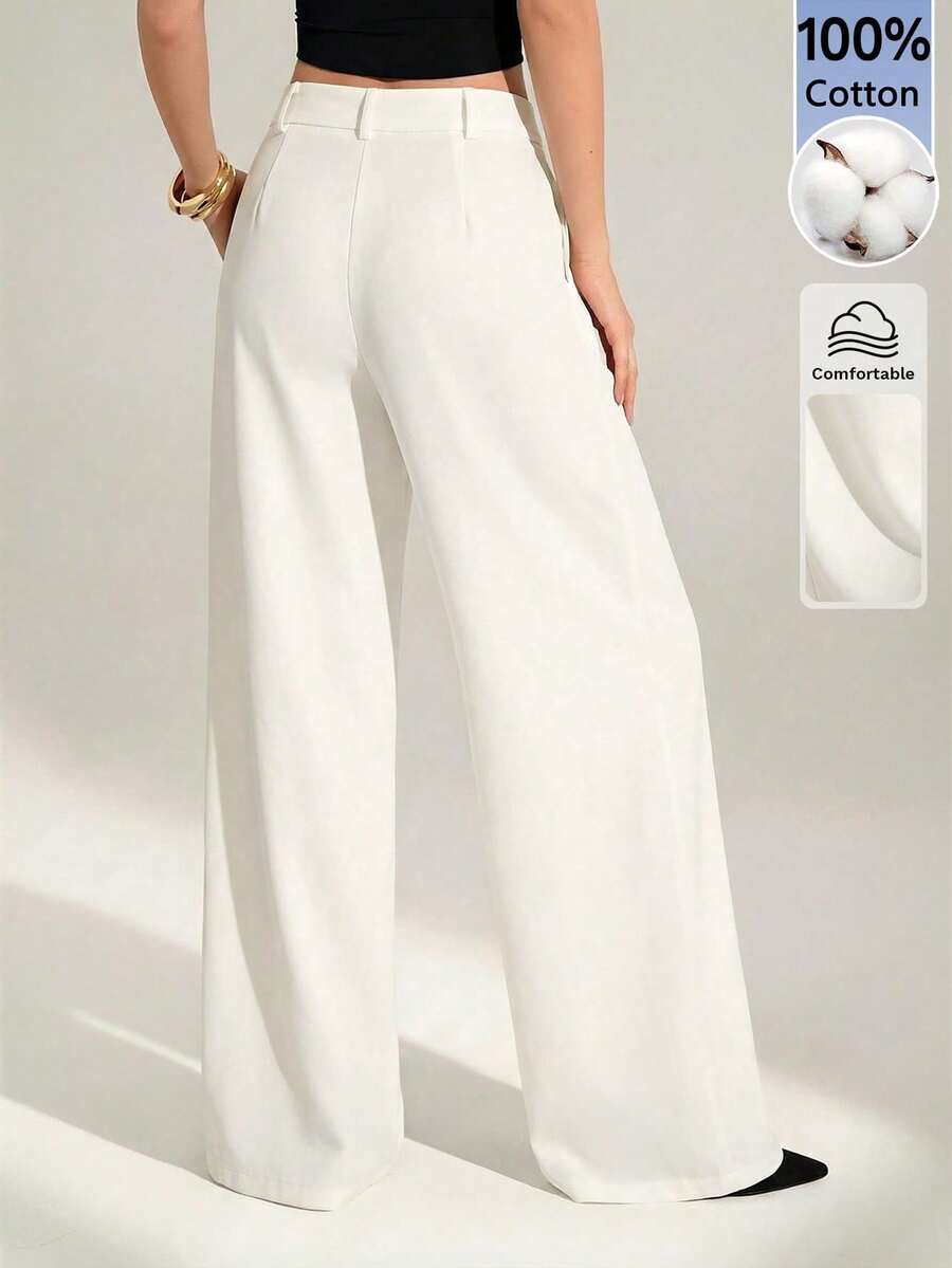 Sexy And Casual Business-Style High-Waisted Wide-Leg Pleated Trousers - Elegant Solid-Color Loose-Fitting Trousers, Professional Office Wear, Work Trousers With Co - 白色 2 - 查看 1