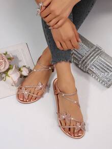 Summer New Casual Fashion Strappy Criss-Cross Glass Rhinestone Cute Bow Champagne Gold Flat Outdoor Beach Vacation Women's Sandals - Champagne Gold - View 3