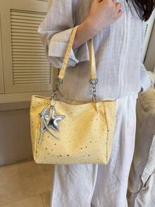 1pc Star Pendant Decor Star Pattern Polyester Fiber Large Capacity Zipper Fashion Shoulder Bag Suitable For Women's Daily Use - Yellow - View 4
