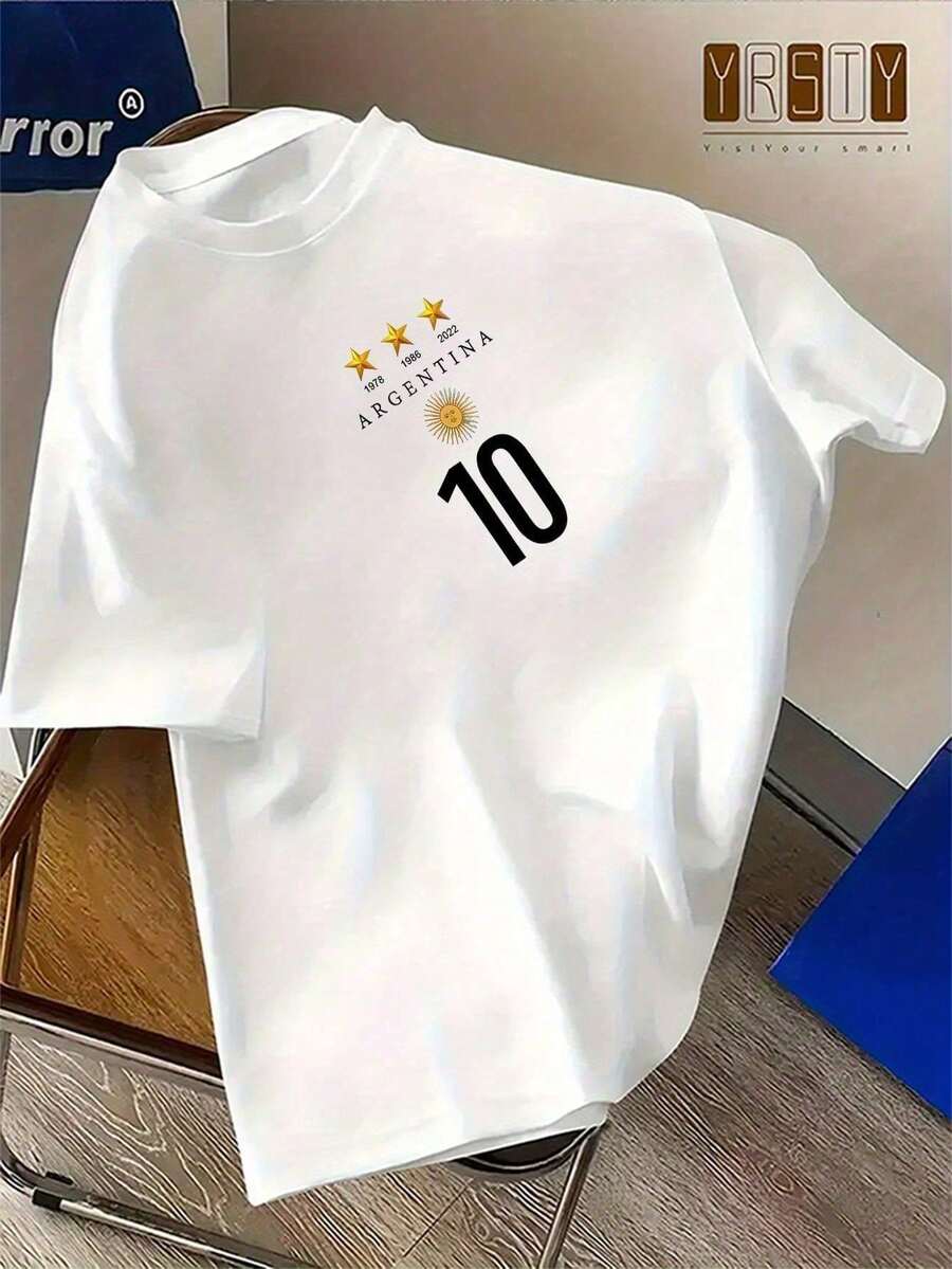 Vintage Herren Argentinien10 Stern Design-Shirt, Beige Rundhals Kurzarm, Für Alltag & Anlässe Top - Weiss - Übersicht 1