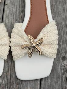 Women's Cream Handmade Knitted Twisted Slides, Rhinestone Metal Starfish Decor Square Toe Flat Mule Slippers, Summer Shoes, Daily Shopping - White - View 6