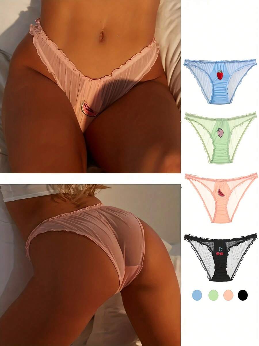 4 PCS, Mesh Ruffled Bikini Briefs, Breathable And Embroidered Ruffled Stretch Underwear, Low-Waist Sexy Underwear, Women's Lingerie & Underwear - 彩色 - 查看 1
