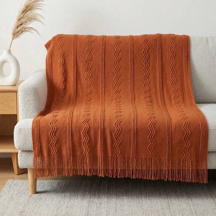 1 pieza Manta de punto acrílica con patrón ondulado, estilo nórdico rectangular con borlas, unicolor, manta decorativa para sofá, cama y siesta - Color caramelo de tres curvas verticales - Añade 6