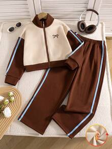 Girls' Casual Fashion Zip-Up Stand Collar Long Sleeve Sweatshirt And Straight Leg Pants 2 Pieces Set, Spring/Autumn - Apricot - View 1