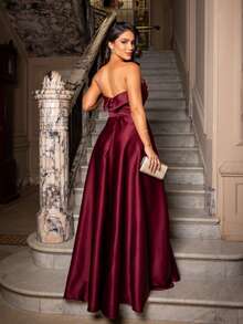 Strapless Party Dress With Crossover Back Closure. - Burgundy - View 3