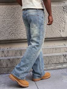 American Vintage Men's Light Blue Washed Loose Straight Leg Jeans, Side Gold Thread Flame Heavy Embroidery Design With White Distressed Texture, Spring Summer Streetwear Commute Versatile High Street Long Pants - Light Wash - View 6