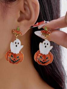 1 Pair Halloween Rainbow Magic Ghost Pumpkin Acrylic Earrings, Quirky Fashion High-End Ear Pendants, European And American Creative Pumpkin Head Ghost Pendant, Asymmetrical Design Stud Earrings For Women - Multicolor - View 3