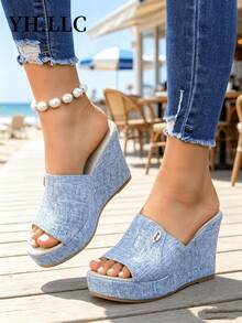European And American Thick Sole Wedge Sandals, Women's Slip-On Open Toe Summer Casual Light Wash Textured Wedge Sandals - Baby Blue - View 2