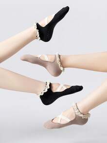 1/5 Paar professionelle Pilates-Yoga-Socken für Frauen, neue Ballettsocken mit Spitze für Frühling/Sommer, kurze Röhrensocken mit Kreuzriemen und offenem Rücken, rutschfeste Tanz-Pilates-Sport-Socken für Innenböden - Verschiedenfarbig - Übersicht 2