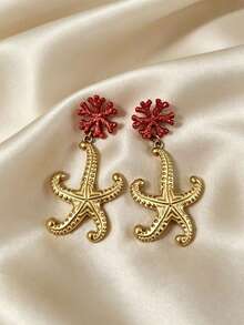 1 Pair Fashion Zinc Alloy Material, French Red Coral Starfish Earrings, Beach Vacation Style Earrings, Light Luxury Niche Atmosphere Earrings - Coral Starfish - View 3