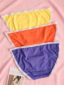 3pcs/Pack Women's Letter Print Contrast Trim Low Waist Bikini Panties, Solid Color Smooth Ice Silk Breathable Casual Underwear, Multi-Color Pack - Multicolor - View 2
