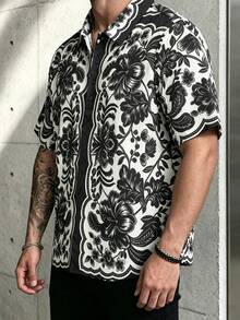 1pc Men's Textured Print Polo Shirt, Couple, Turn-Down Collar, Single-Breasted Short Sleeve Top, Handsome Versatile Casual Commute Top, Elegant Holiday Party Evening Wear, Perfect Gift For Father, Boyfriend, Dad, Friend - Black - View 3