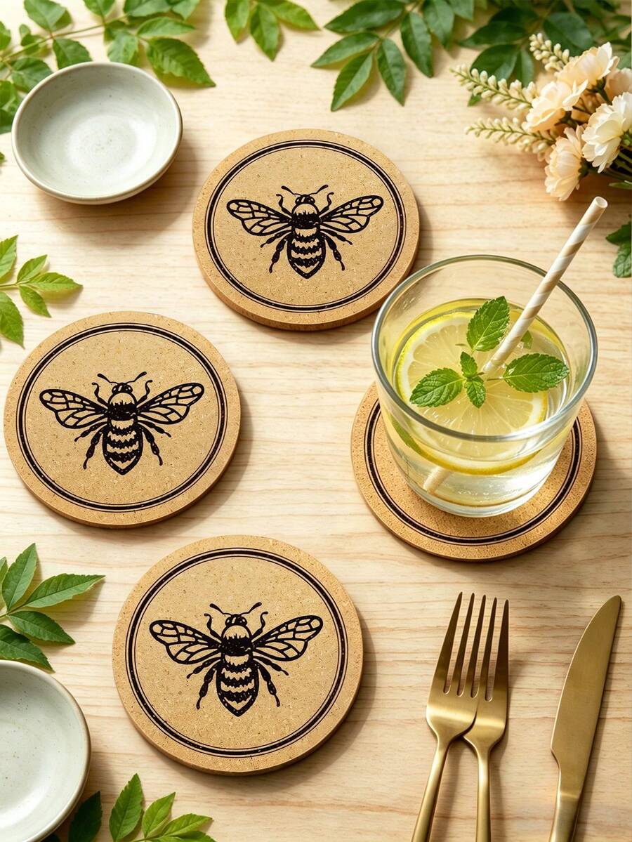6/3/1pc Round Bee Print Cork Coasters, Heat-Resistant Wooden Beverage Cup Mats, Absorbent Non-Slip Coffee Tea Cup Insulation Pads, Vintage Farmhouse Style Home Kitchen Bar Decor, Housewarming Gift Home Supplies - Multicolor - View 1