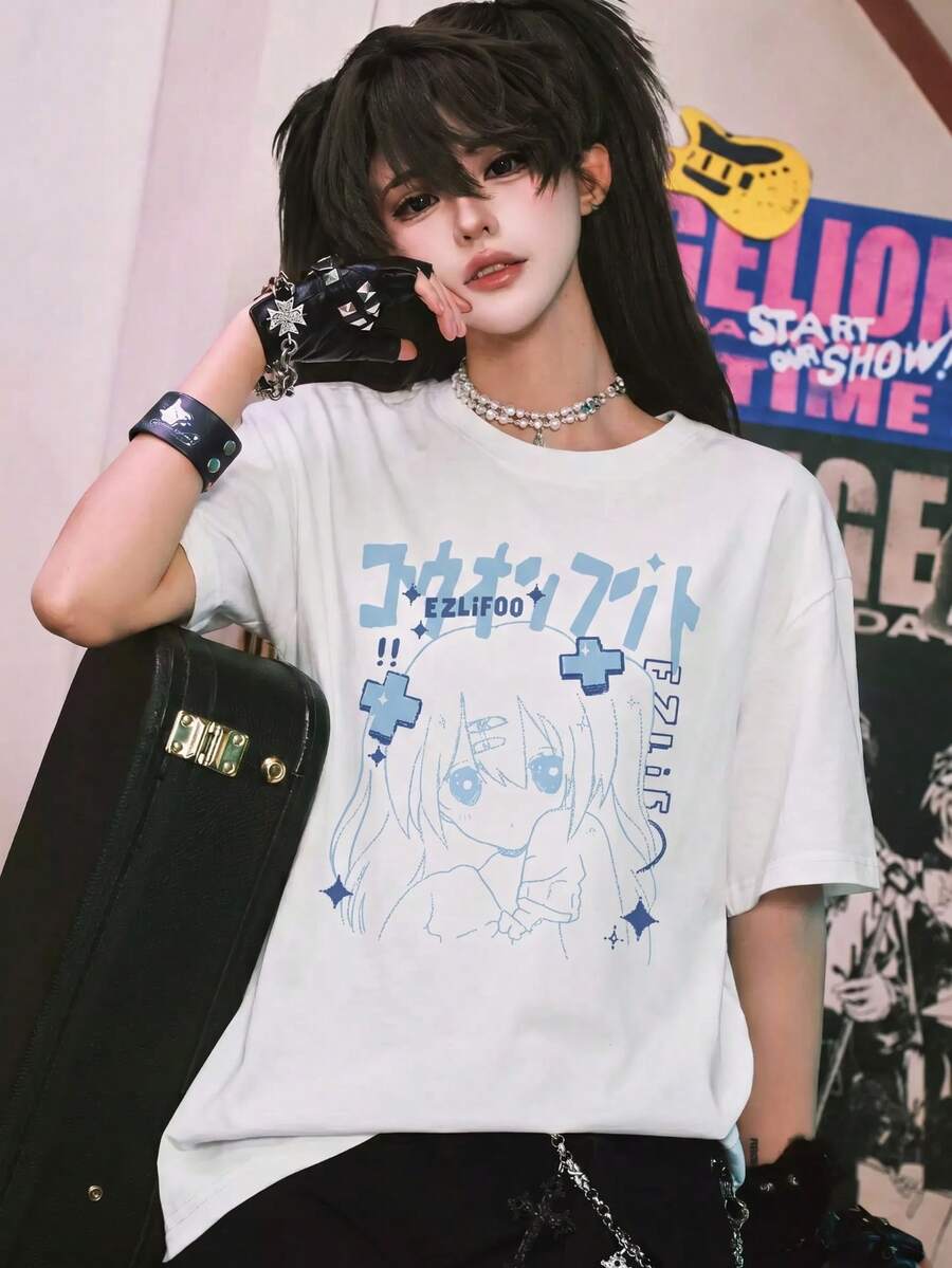 日系動漫藍色女孩印花女款寬鬆落肩純色短袖Y2K清新風白色T恤,女款寬鬆慵懶純色夏季T恤 - 白色 - 查看 1