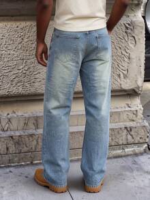 American Vintage Men's Light Blue Washed Loose Straight Leg Jeans, Side Gold Thread Flame Heavy Embroidery Design With White Distressed Texture, Spring Summer Streetwear Commute Versatile High Street Long Pants - Light Wash - View 3