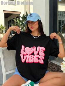 Stampa Love Vibes Heart, Streetwear Estivo per Vacanze Urbane, Stampa Casual, T-Shirt a Maniche Corte a Vestibilità Ampia per Donne - nero - Visualizzare 1