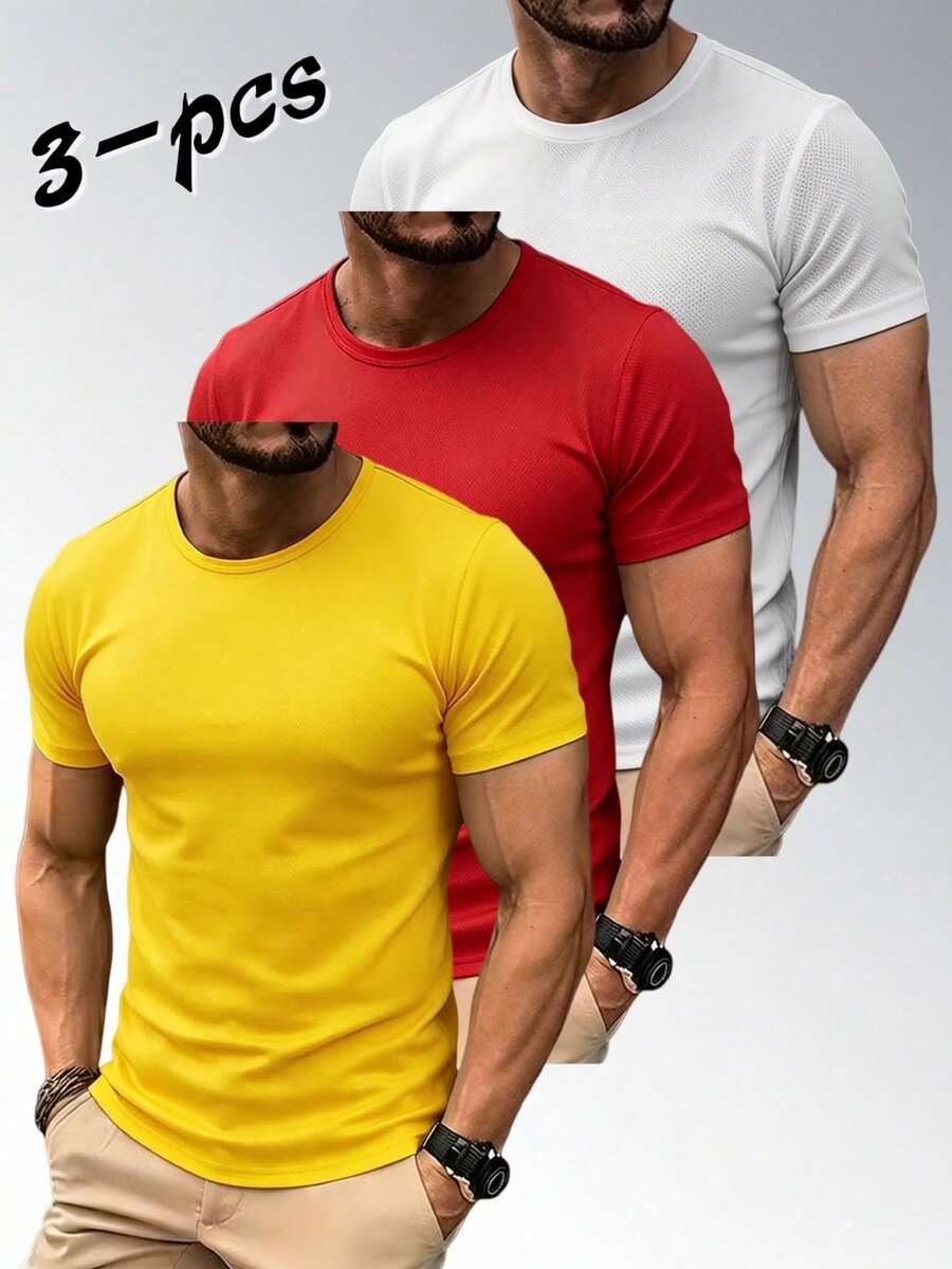 3-Pack Men's Quick-Drying Summer Sports T-Shirts - Multicolor Crew Neck Short Sleeve Breathable And Versatile Tops For Fitness & Running - 多色 5 - 查看 1
