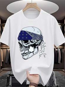Playera Unisex con Estampado de Calavera y Bandana, Cuello Redondo Bohemio, Estilo Urbano para Capas - Blanco - Ver 1