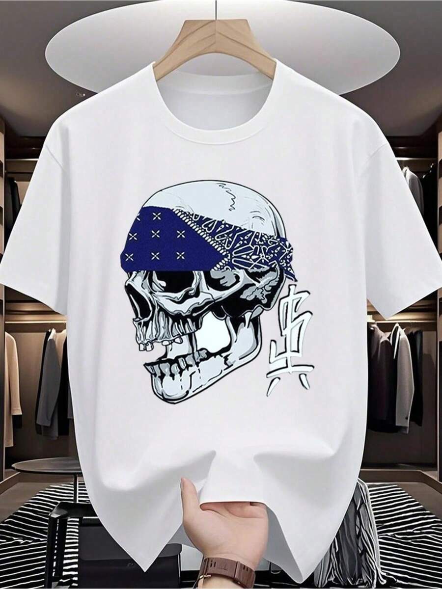Playera Unisex con Estampado de Calavera y Bandana, Cuello Redondo Bohemio, Estilo Urbano para Capas - Blanco - Ver 1