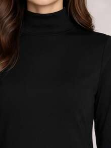 Premium Suedine Short Dress With High Ribbed Neck And Long Sleeves, Simple Fitted A-Line Style, Solid Color, Elegant, Autumn/Winter Fashion. - Negro - Ver 5