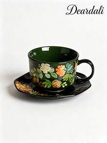 DearDali 2 Stücke (1 Tasse + 1 Untertasse) Hochtemperatur-Keramik Retro Glanz Bunte Glasur Kaffee Tasse und Untertasse Set, breiter Griff Tasse mit Untertasse, Vintage Blumen handgemalt botanischer Muster, Tischgeschirr Frühstückstasse, Schreibtisch Dekoration, künstlerische Atmosphäre Geschenk, geeignet für Einweihungsparty, Geburtstagsgeschenk, Kaffee- und Teeliebhaber, Nachmittagstee-Treffen zu Hause - Verschiedenfarbig - Übersicht 11
