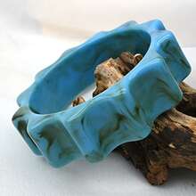 GNIT Light Blue Marble Pattern Resin Double Pearl Gold Cuff Bracelet Set, Women's, 3pcs/1pc Stackable Thick Curved & Wavy Wide Bracelet, Beach Summer Style - Sky Blue, Golden Pearl, Blue-brown Stripes - View 11