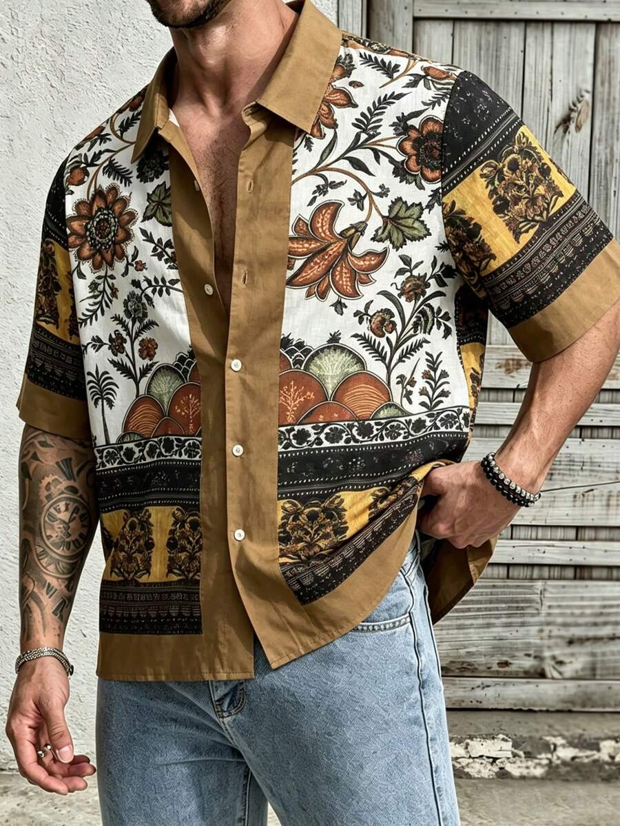 1件男士紋理印花領單排扣鈕扣短袖襯衫,帥氣百搭POLO衫,休閒通勤大碼上衣,優雅度假派對晚裝,送給父親、男朋友、爸爸、朋友的完美禮物 - 咖啡棕 - 查看 1