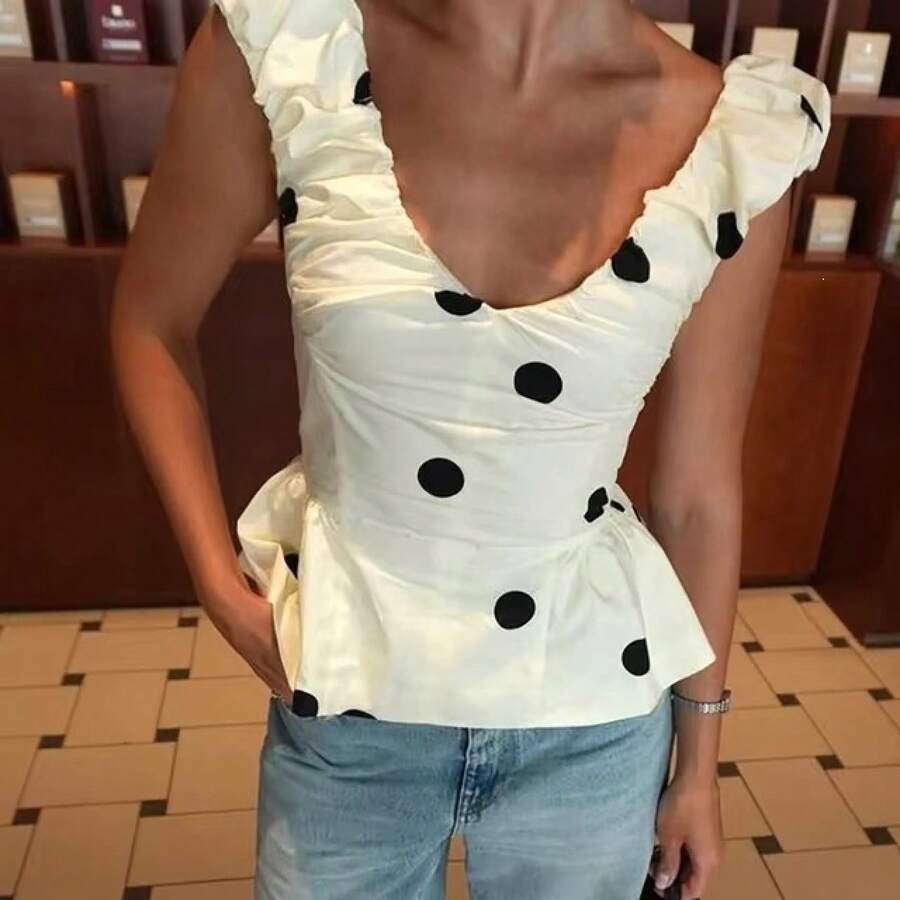 Backless Polka Dot Tank Top, Summer Fashion, Fitted, Deep V-Neck, Casual Style, Ruffled, Sleeveless, Personality And Urban Style. - 杏色 - 查看 1