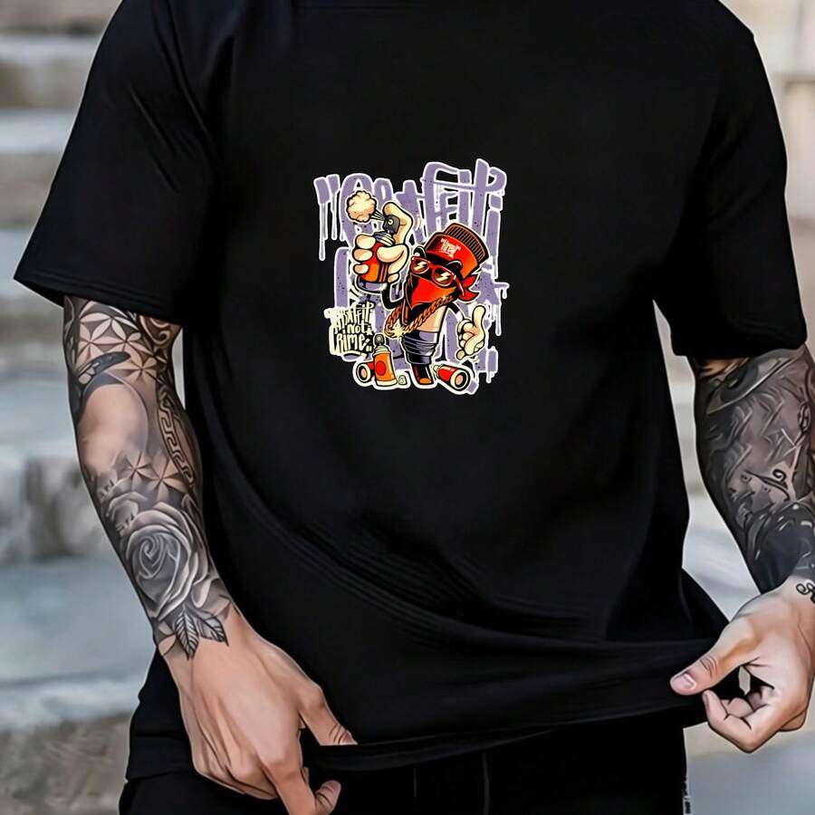 Estilo Urbano, Diseño de Pirata con Graffiti y Colores Vibrantes, Camiseta para Hombre, Corte Regular, Estampado Detallado y Original, Ideal para el Verano, Perfecta para Uso Diario y Activi - Negro - Ver 1