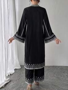 2pcs Women's Set, Black Placement Print Crafted V-Neck Pullover Top + Elastic Waist Skirt, Elegant Luxury Arabic Style Outfit, Suitable For Birthday, Formal Evening, Party, Date, New Year And Other Occasions - Black - View 2