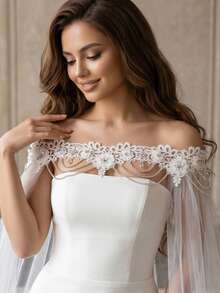 Off-Shoulder Lace Floral Rhinestone Chain Long Train Bridal Cape, Sheer Wedding Shawl - Multicolor - View 3