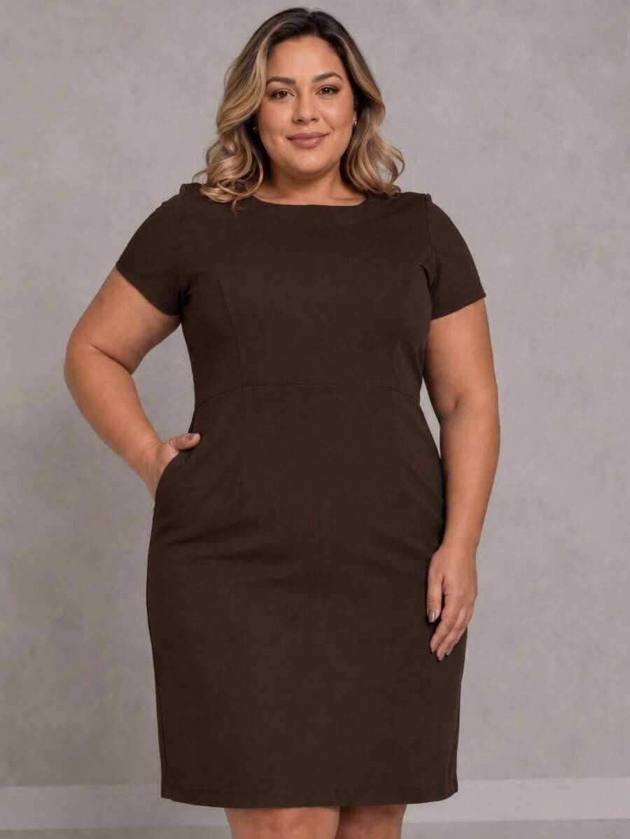 Women's Midi Dress With Pocket, Short Sleeves, Tailored Fabric, Plus Size, Casual, Secretary, Work Uniform - 鏽棕色 - 查看 1