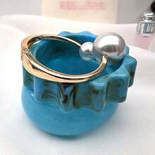 GNIT Light Blue Marble Pattern Resin Double Pearl Gold Cuff Bracelet Set, Women's, 3pcs/1pc Stackable Thick Curved & Wavy Wide Bracelet, Beach Summer Style - Sky Blue, Golden Pearl, Blue-brown Stripes - View 6