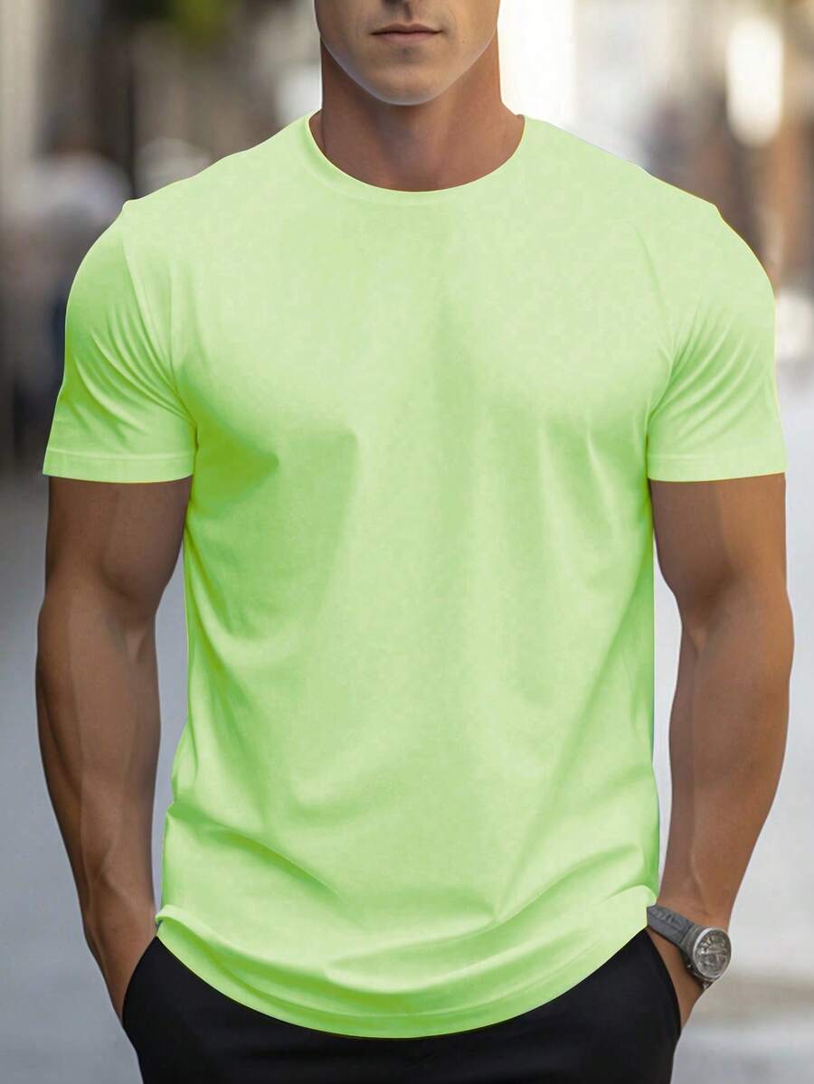 NEOREFINED Men's Casual Solid Color Round Neck Short Sleeve T-Shirt For Summer - Watermelon Pink - View 1