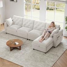 Modern Velvet Sofa With Corner Storage, L-Shaped Storage Compartment That Can Be Rotated Left And Right, Side Armrests With Magazine Pockets, Tufted Backrest. Beige. (281 * 86 * 71 Cm) - Beige - View 6