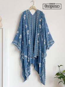 1 buah Kimono Sarong Selendang Bordir Gaya Bohemian Motif Bunga Elegan untuk Wanita, Cardigan Pelindung Matahari untuk Liburan Pantai Musim Semi dan Musim Panas, Modis, Serbaguna, Ringan, Mewah, dan Dekoratif, Cocok untuk Pemakaian Sehari-hari, Pilihan Hadiah - Biru - View 1