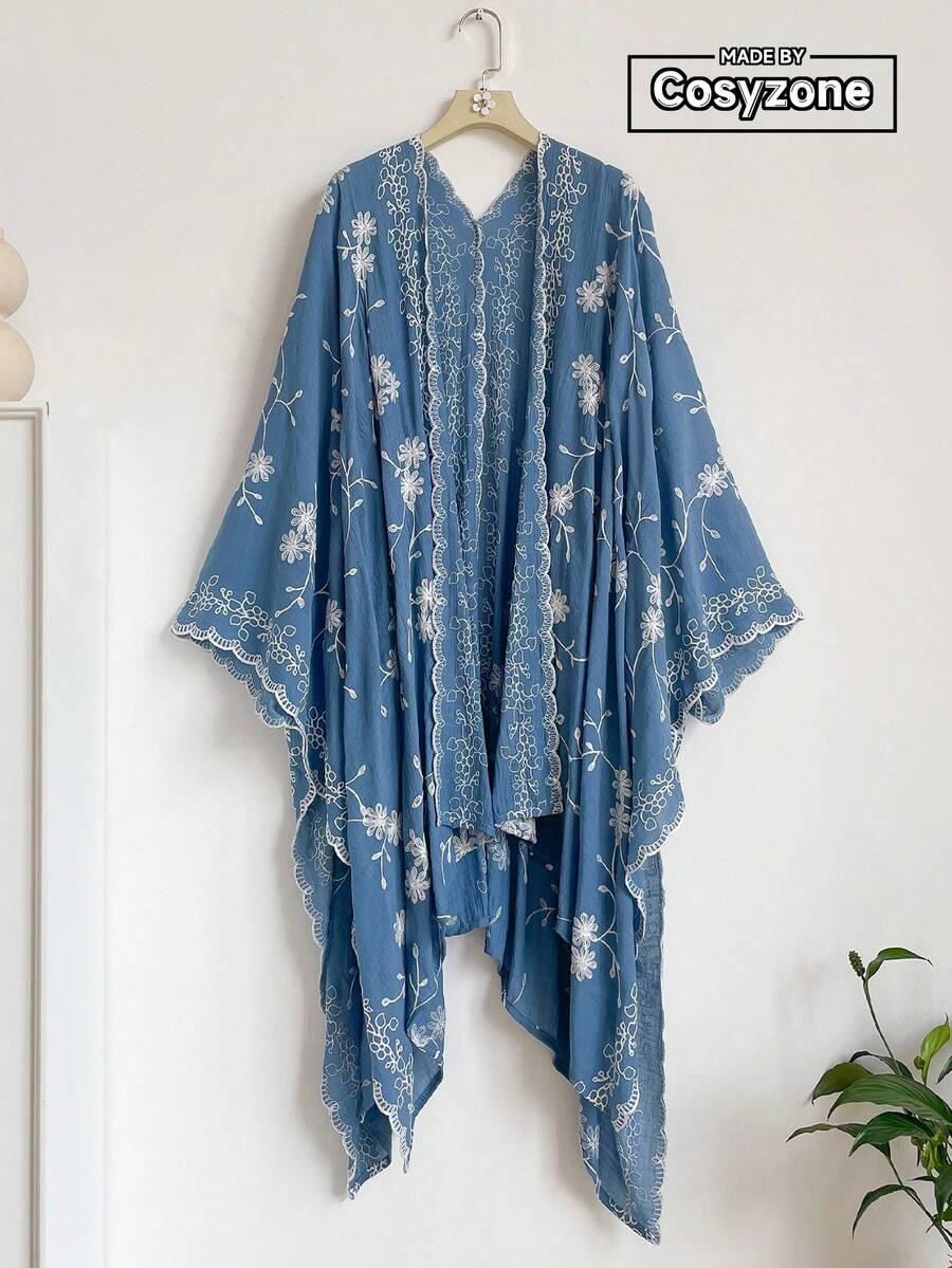 1 buah Kimono Sarong Selendang Bordir Gaya Bohemian Motif Bunga Elegan untuk Wanita, Cardigan Pelindung Matahari untuk Liburan Pantai Musim Semi dan Musim Panas, Modis, Serbaguna, Ringan, Mewah, dan Dekoratif, Cocok untuk Pemakaian Sehari-hari, Pilihan Hadiah - Biru - View 1