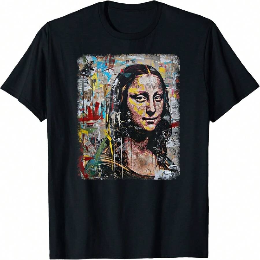 Abstract Graffiti Art Leonardo Da Vinci Art Mona Lisa T-Shirt(2) - Black - View 1