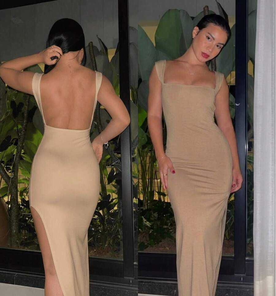 Vivi Long Dress (Lined) For Party, Wedding, Graduation, Simple, Knit Fabric, Backless, Asymmetrical, Side Slit, Wedding, Evening, Birthday Party, Formal And Nighttime - Beige - View 1