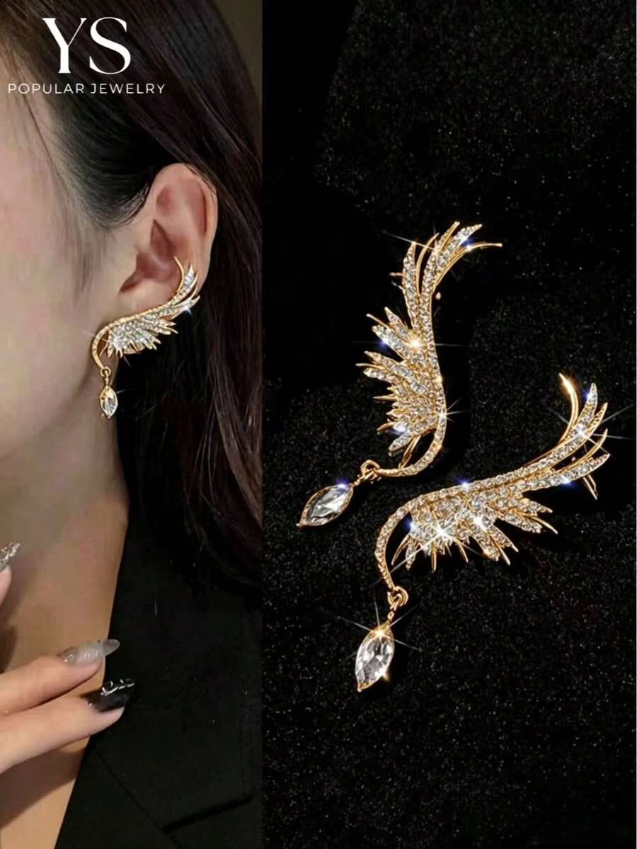 1 Pasang Anting Jepit Telinga Sayap Malaikat Minimalis, Desain Berlapis Emas Bertabur Berlian Imitasi Sepenuhnya, Cocok untuk Pernikahan dan Pemakaian Sehari-hari
