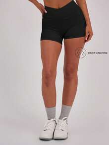 Seamless Crossover Waist Slim Fit Shorts, Soft Fabric Fitness Shorts For Women, Suitable For Sports And Everyday Wear - 黑色 - 查看 1