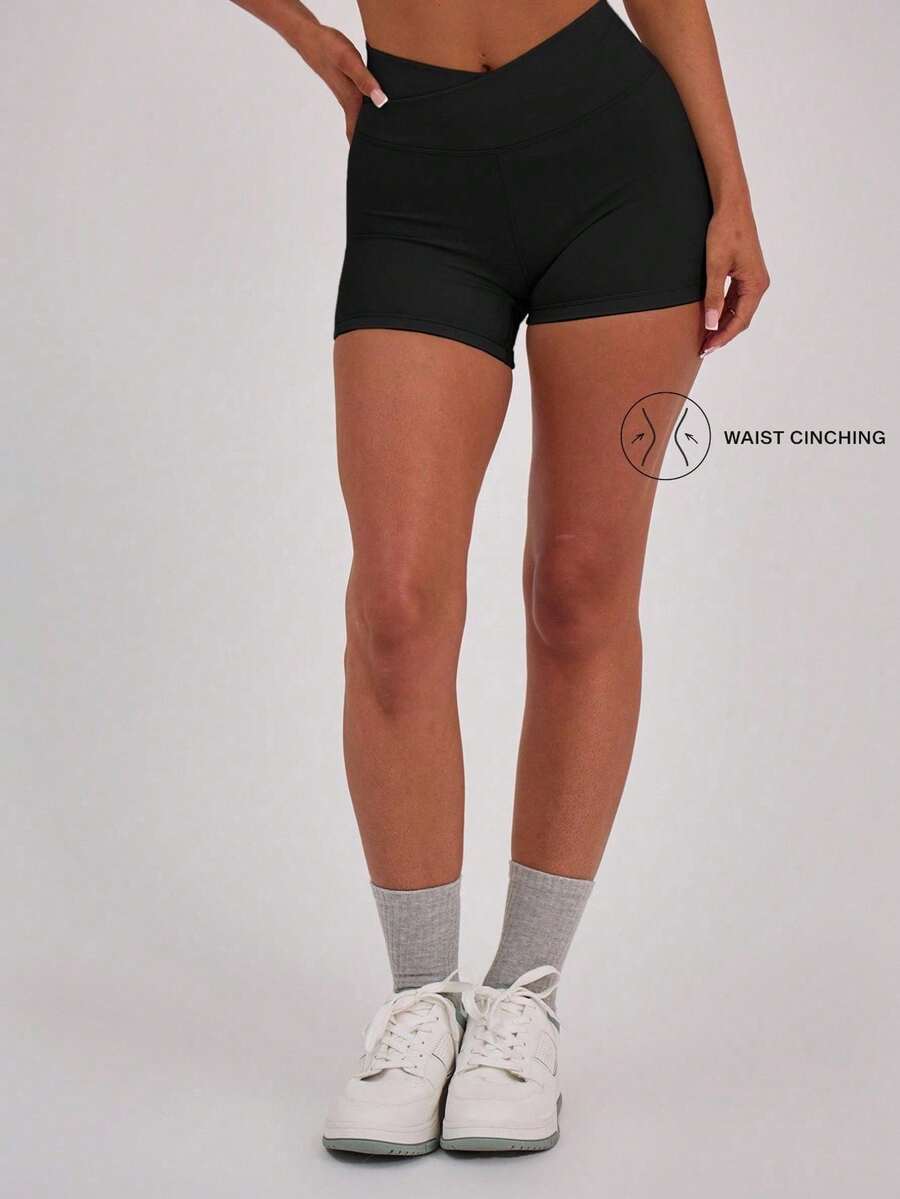 Seamless Crossover Waist Slim Fit Shorts, Soft Fabric Fitness Shorts For Women, Suitable For Sports And Everyday Wear - 黑色 - 查看 1