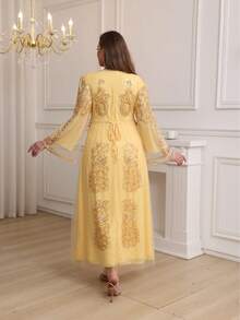 JINLICX Yellow Gold Beaded Sequin V‑Neck Belted Formal Kaftan Maxi Dress - Gold - View 6