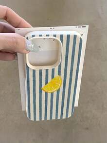 Fashionable Full-Coverage, Shockproof Phone Case With A White And Blue Striped Design And Lemon Slice, Compatible With The 17, 16, 15, 14, 13, 12, And 11 Pro Max Series. Perfect For Spring And Parties. - 古董白 - 查看 1