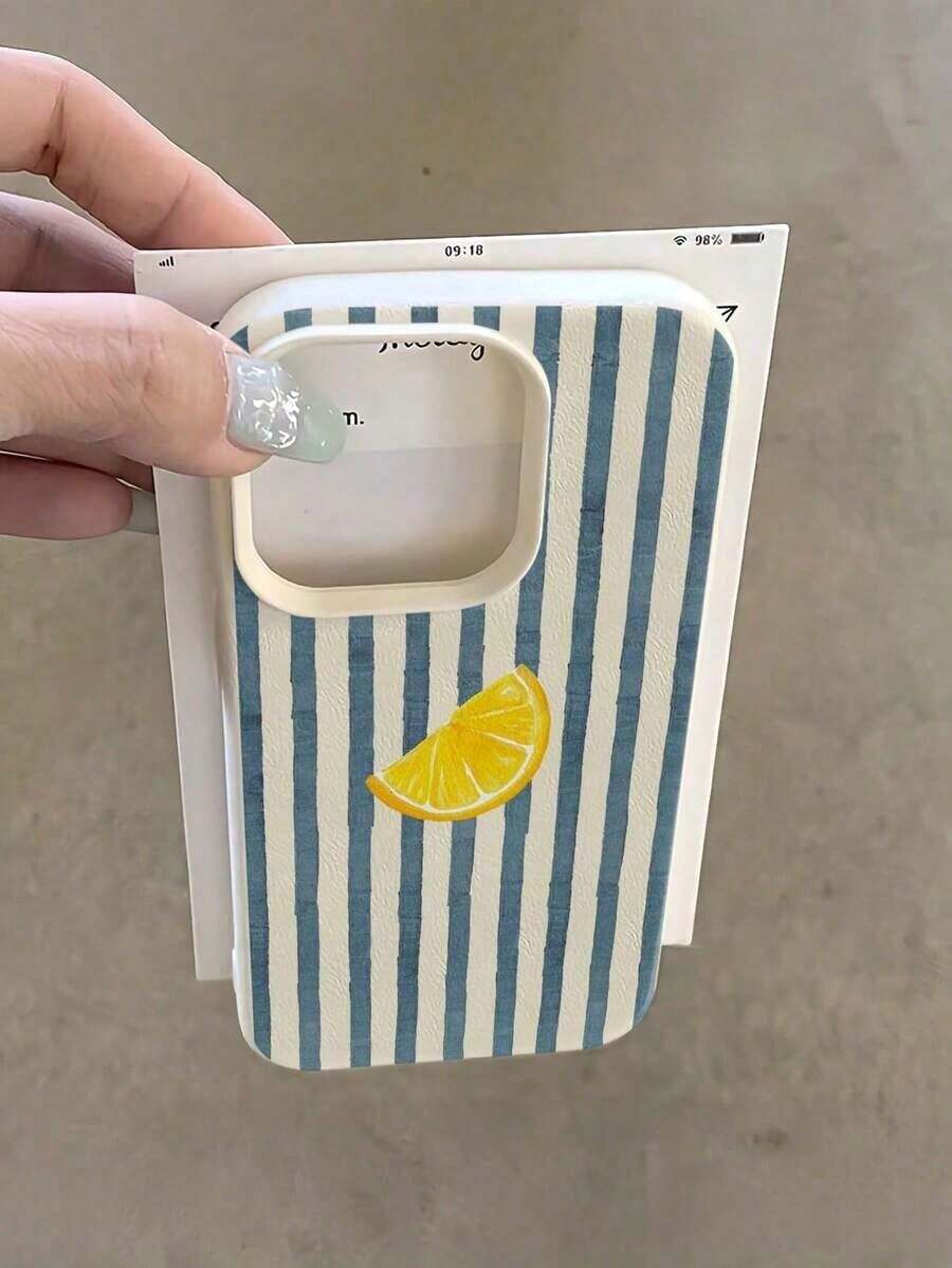Fashionable Full-Coverage, Shockproof Phone Case With A White And Blue Striped Design And Lemon Slice, Compatible With The 17, 16, 15, 14, 13, 12, And 11 Pro Max Series. Perfect For Spring And Parties. - 古董白 - 查看 1
