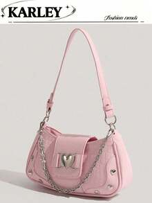 Y2K Biker Style Handbag With 3 Straps, Fashionable Faux Leather Casual Shoulder Bag With Heart Decoration, Versatile Crossbody Bag Suitable For Women, Girls, Students, Etc. - 玫瑰金 - 查看 1