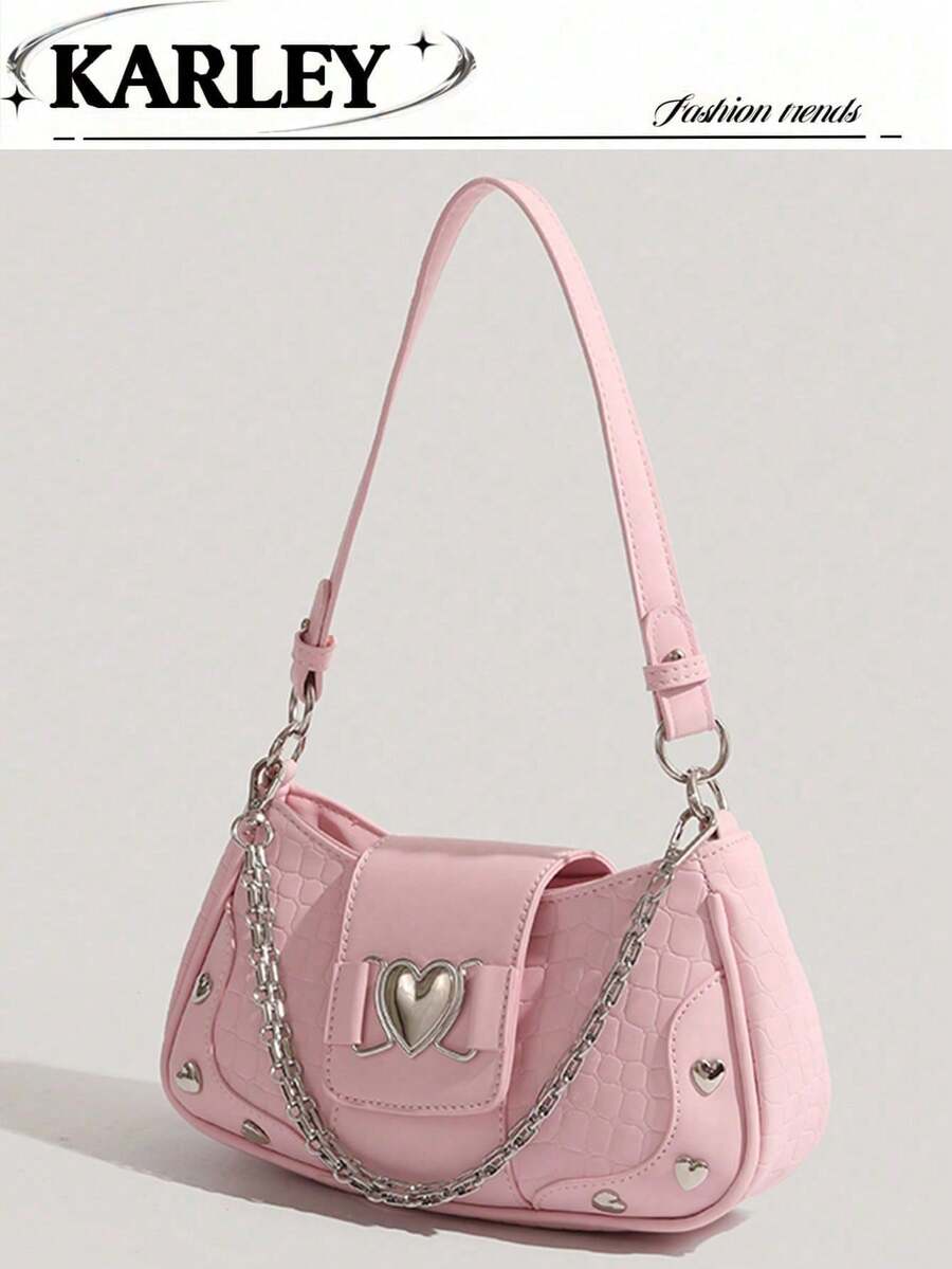 Y2K Biker Style Handbag With 3 Straps, Fashionable Faux Leather Casual Shoulder Bag With Heart Decoration, Versatile Crossbody Bag Suitable For Women, Girls, Students, Etc. - 玫瑰金 - 查看 1